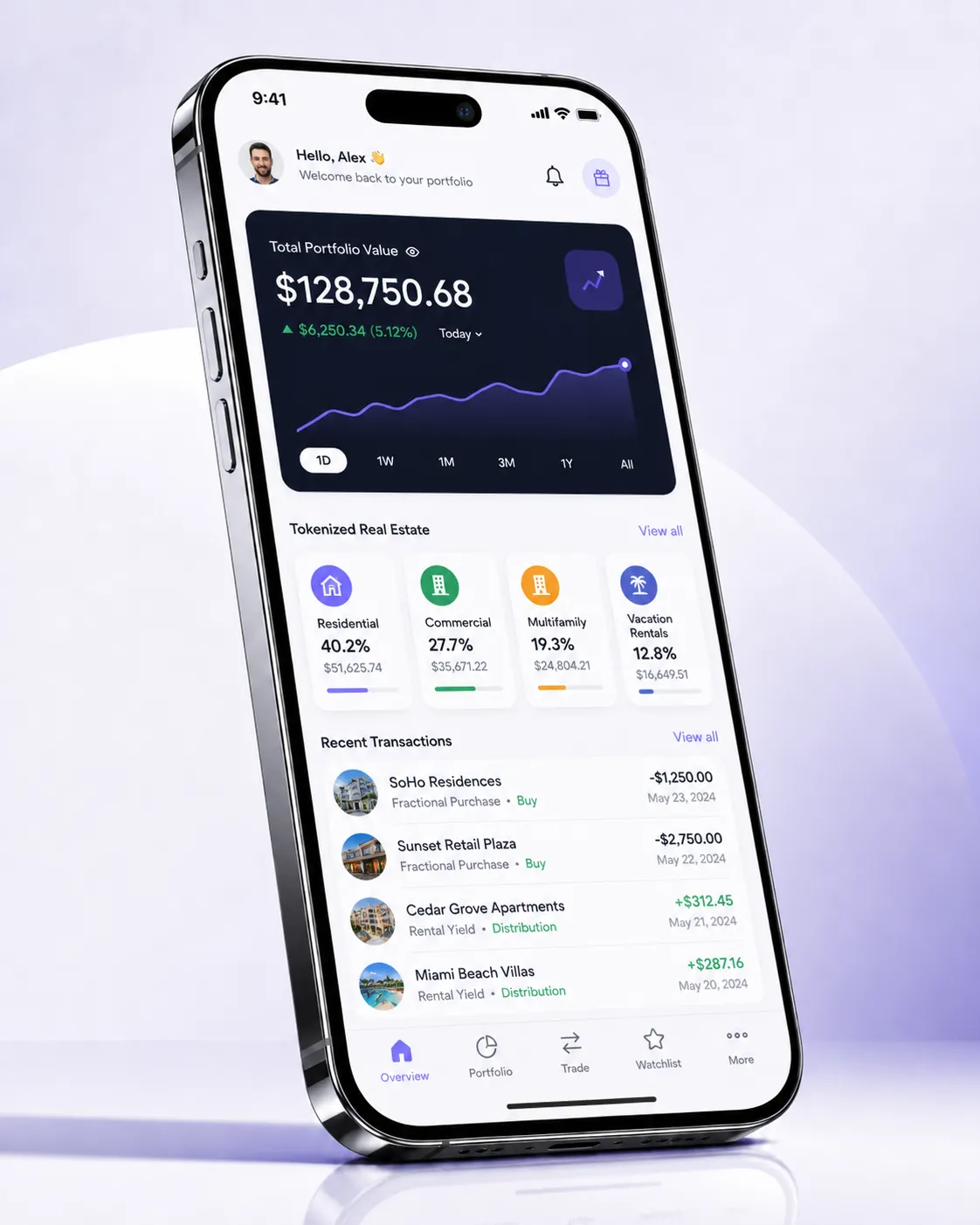 EstateX mobile app showing a tokenized real estate portfolio dashboard